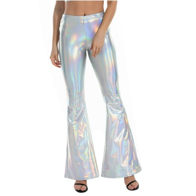 VSSSJ Women's Nightclub Style Flared Pants Regular Fit Shiny Solid Color High Waist Straight Wide Leg Pants Fashion Micro Stretch Personality Pants White XXL