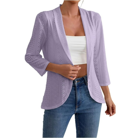 VSSSJ Women's Open Front 3/4 Sleeve Cardigan Keyhole Soft Drape Lightweight Breathable Casual Loose Fit Cardigan Blouse Tops Purple L