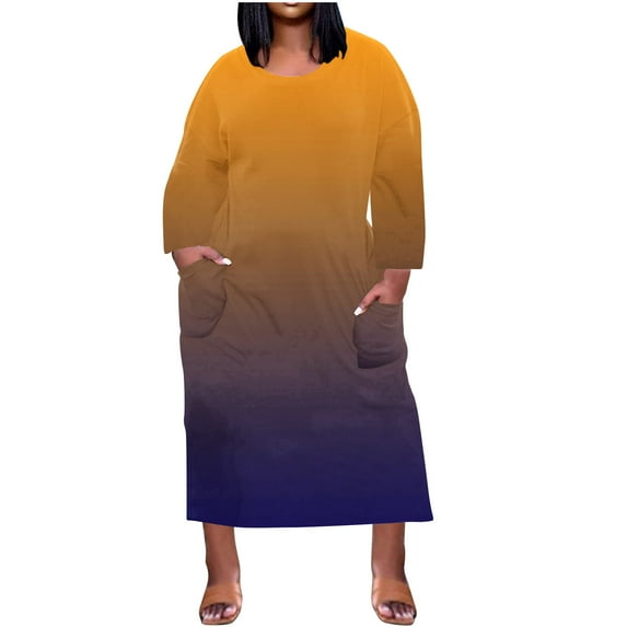 VSSSJ Women's Plus Size Dresses Crew Neck Gradient Printed Loose Fit Long Sundress Long Sleeve Casual Vacation Midi Dress with Pockets Yellow XXXXL