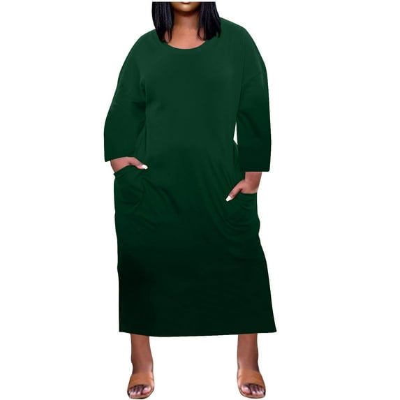 VSSSJ Women's Plus Size Dresses Crew Neck Solid Color Loose Comfy Long Sundress Long Sleeve Casual Vacation Midi Dress with Pockets Green XL
