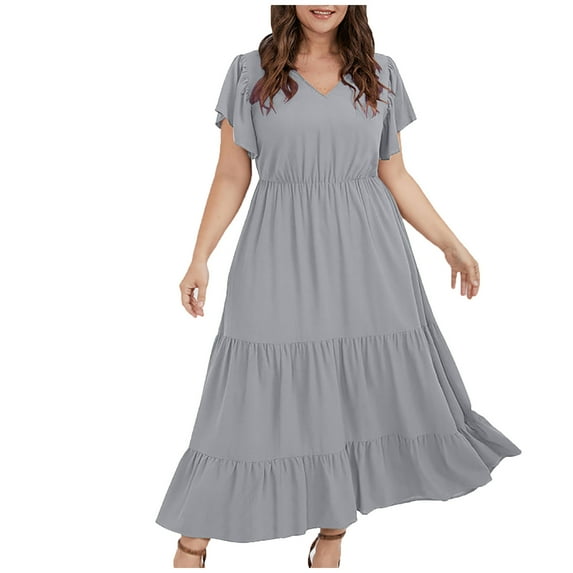 VSSSJ Women's Plus Size Dresses V Neck Short Sleeve Pleated Ruffle Hem Swing Long Dress with Pockets Summer Casual Solid Color Tiered Midi Dress