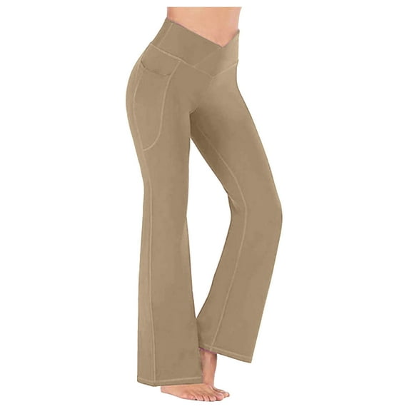 VSSSJ Women's Plus Size Yoga Leggings Solid Color V Elastic Waist Hip Lifting Wide Leg Flared Pants Fashion Fitness Exercise Pants with Pocket Khaki XXL