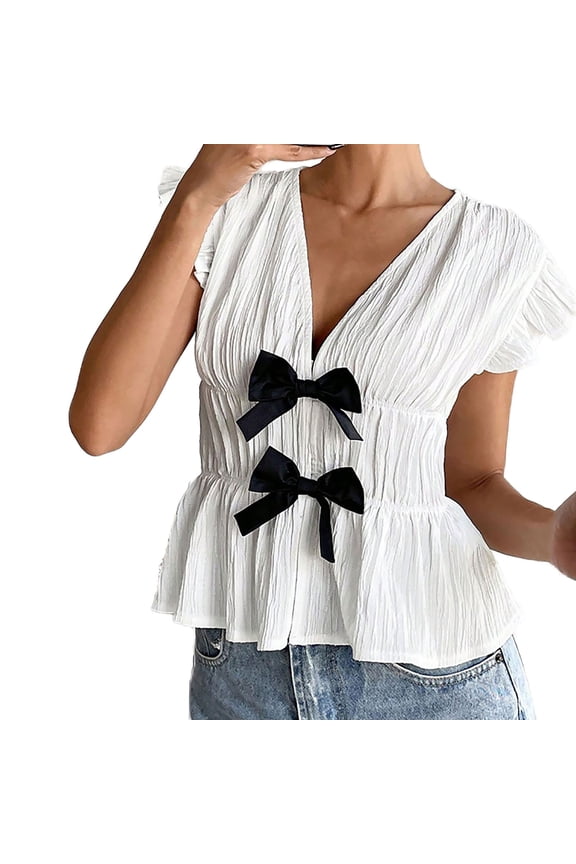 Women's Ruffle Flutter Sleeve Shirt Bow Front V Neck Short Sleeve Textured Summer Elegant Shirts Y2K Going Out Casual Tunic Tops White M