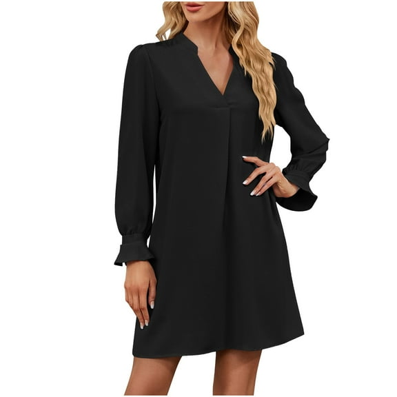 VSSSJ Women's Ruffle Long Sleeve Casual V Neck Mini Dresses Elegant Solid Color Ruched Swing Above Knee Loose Comfy A-Line Dress Black XL