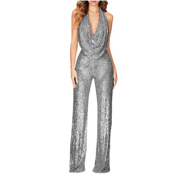 VSSSJ Women's Sequin Jumpsuits Regular Fit Solid Color Halter Neck Sleeveless Straight Leg Jumpsuit Fashion Nightclub Style Romper Jumpsuits Gray L