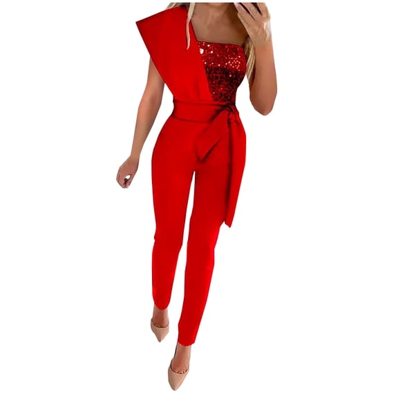 VSSSJ Women's Sequin Jumpsuits Slim Fit Solid Color Patchwork Sleeveless Backless Lace-Up Straight Leg Jumpsuit Fashion Wedding Party Rompers Red S