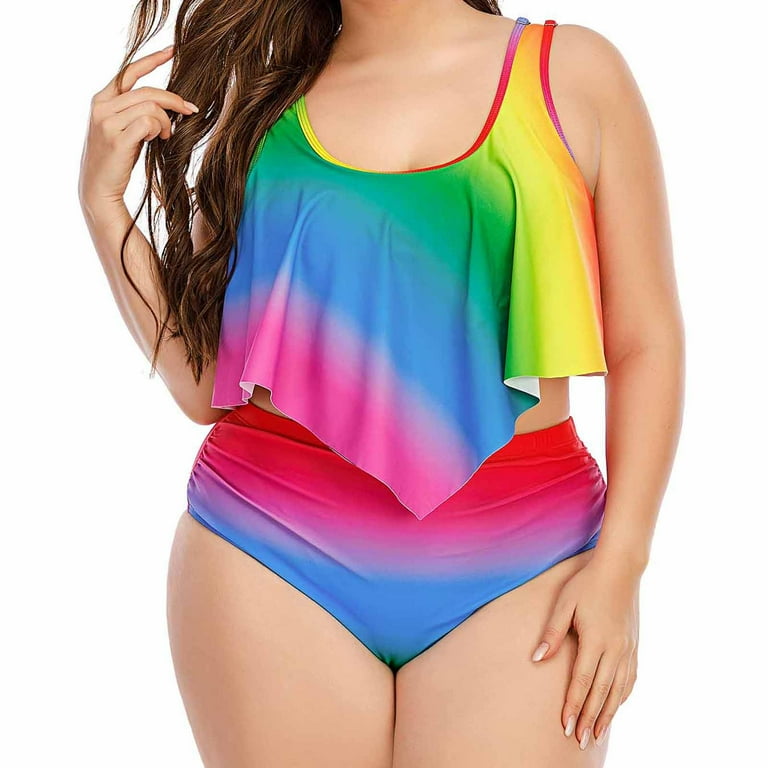 VSSSJ Women s Sexy Rainbow Print Gradient Tankini Swimsuit Plus Size Ruffled 2 Piece Bathing Suit High Waist Tummy Control Swimwear Multicolor XL