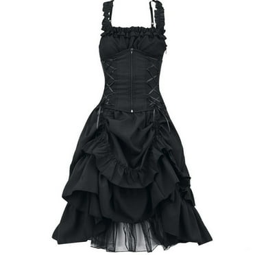 VSSSJ Women's Sleeveless Long Gothic Dress Steampunk Strappy Layers Dress Drawstring Tunic Square Neck Ruffled Lace Long Dress Black XXXL