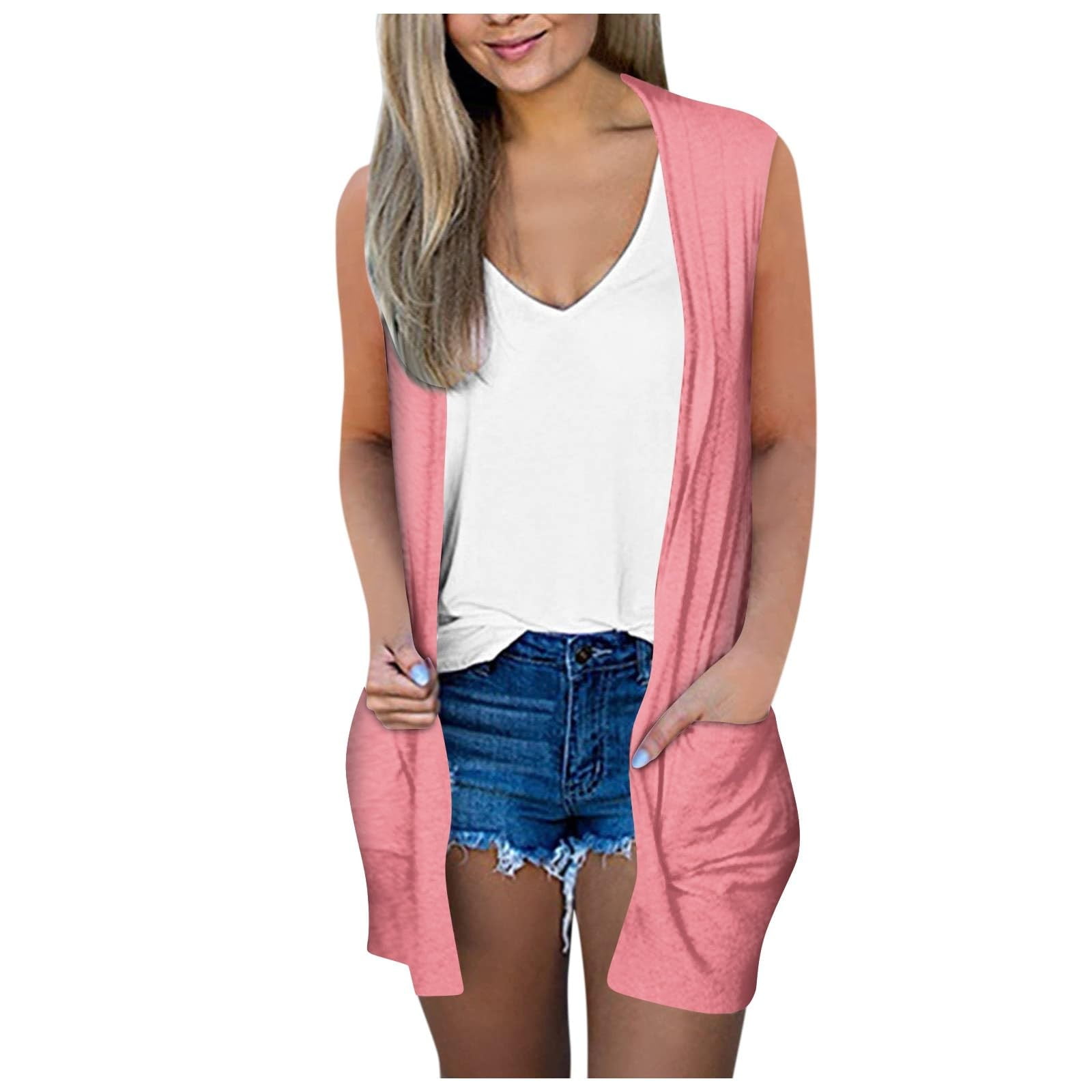 VSSSJ Women's Sleeveless Open Front Cardigan Tops Casual Solid Color