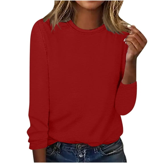 VSSSJ Women's Solid Color Basic T-Shirts Casual Crew Neck Classic Pullover Shirts Long Sleeves Loose Comfortable Tops Fall Clothes Red-02 XL