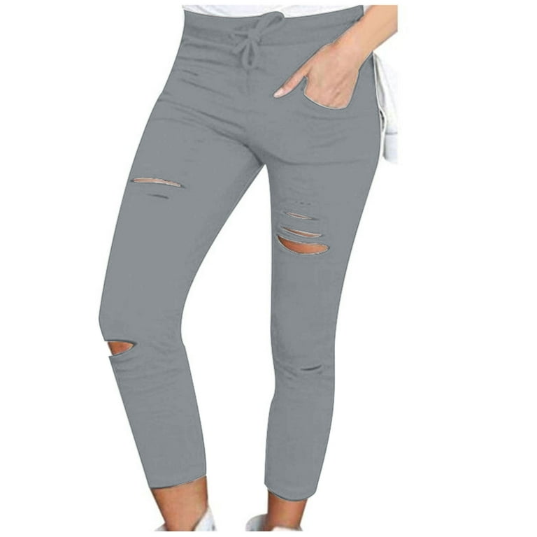 VSSSJ Women's Solid Color Leggings Pants Slim Fit Ripped Drawstring Elastic  Waist Straight Trousers Fashion Comfortable Workout Pencil Pants Gray S