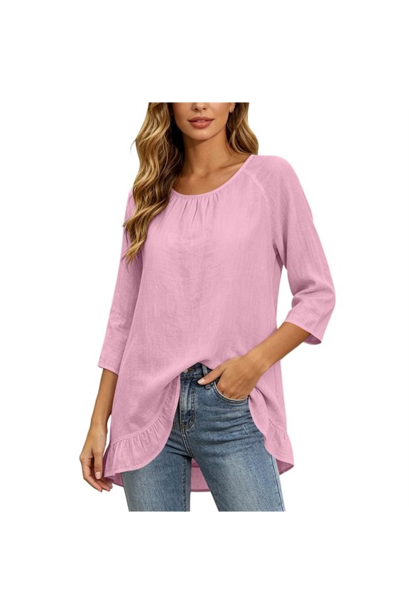 Women's Solid Color Round Neck 3/4 Raglan Sleeve Ruched Loose Fit Flowy Ruffle Hem Tunic Length Pullover Blouse Top for Vacation Pink S