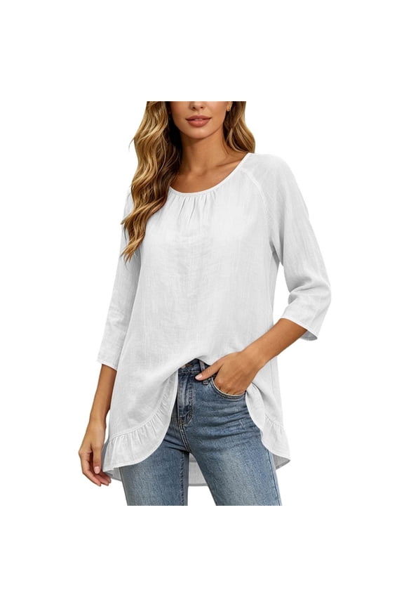 Women's Solid Color Round Neck 3/4 Raglan Sleeve Ruched Loose Fit Flowy Ruffle Hem Tunic Length Pullover Blouse Top for Vacation White S