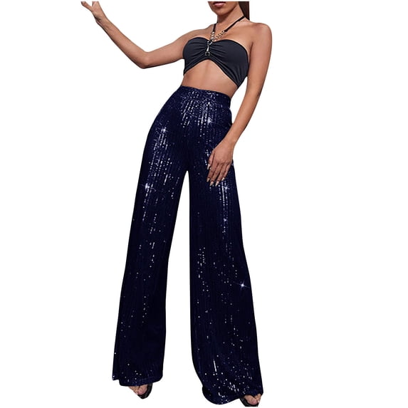 VSSSJ Women's Solid Color Sequin Elegant Pants Regular Fit Shiny High Waist Wide Leg Full Length Pants Fashion Stage Performance Trousers Dark Blue XXXL