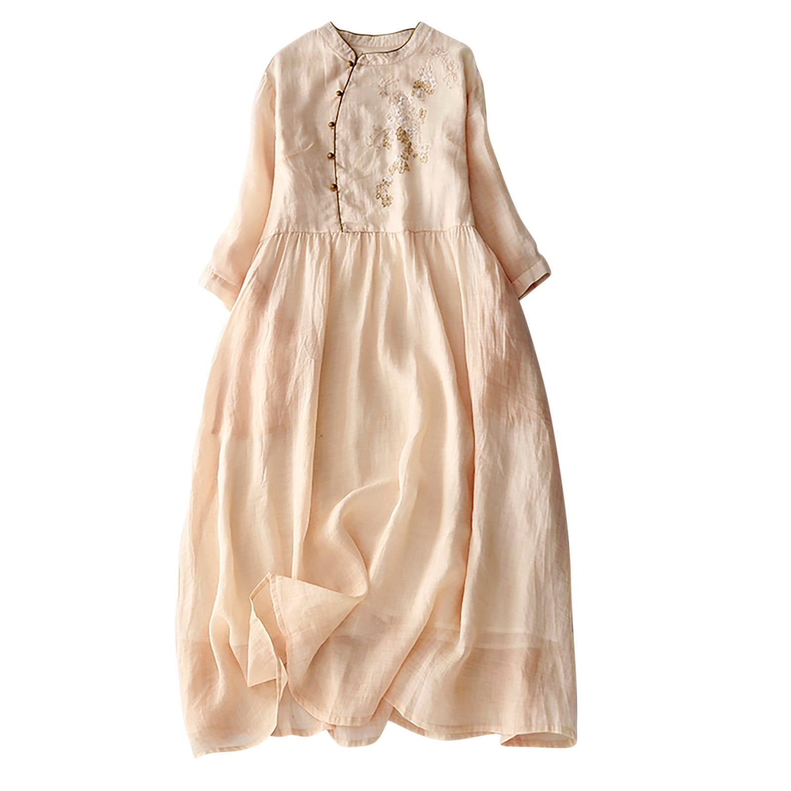 VSSSJ Women's Standing Neck Embroidered Cotton Linen Dresses Vintage 3/4  Sleeve Loose Casual Summer Floral Print Flowy Long Dress Beige XXL -  Walmart.com