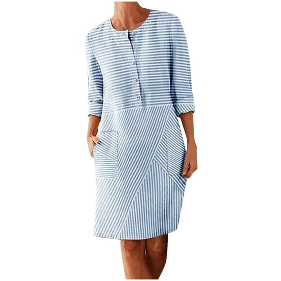 VSSSJ Women's Striped Printed Loose Shift Dresses Button Down Crew Neck Casual Comfy Long Sleeve Knee Length Dress with Pockets Sky Blue S