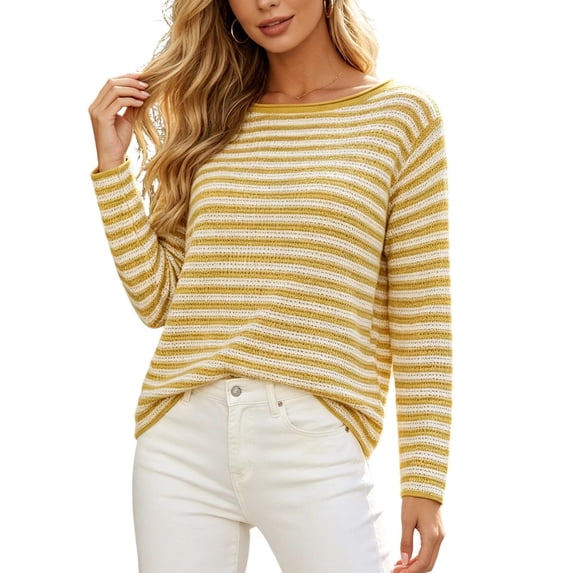 VSSSJ Women's Striped Pullover Sweater Relaxed Fit Round Neck Long Sleeve Classic Soft Casual Knit Sweater Tops Fall Winter Outfit Yellow S