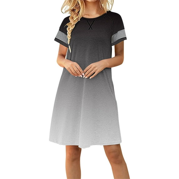 VSSSJ Women's Summer Casual Mini Tshirt Dresses Round Neck Striped Short Sleeve A-Line Gradient Printed Loose Dress with Pockets