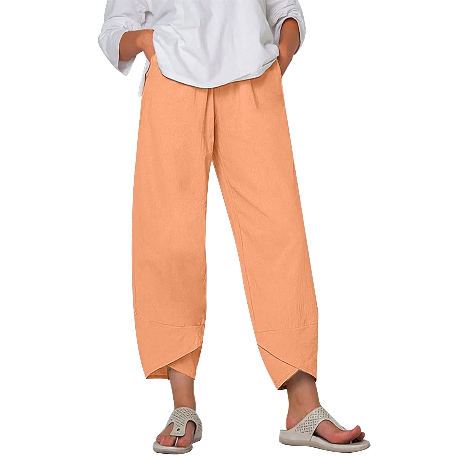 VSSSJ Women's Summer Cotton Linen Capri Pants Relaxed Fit Solid Color ...