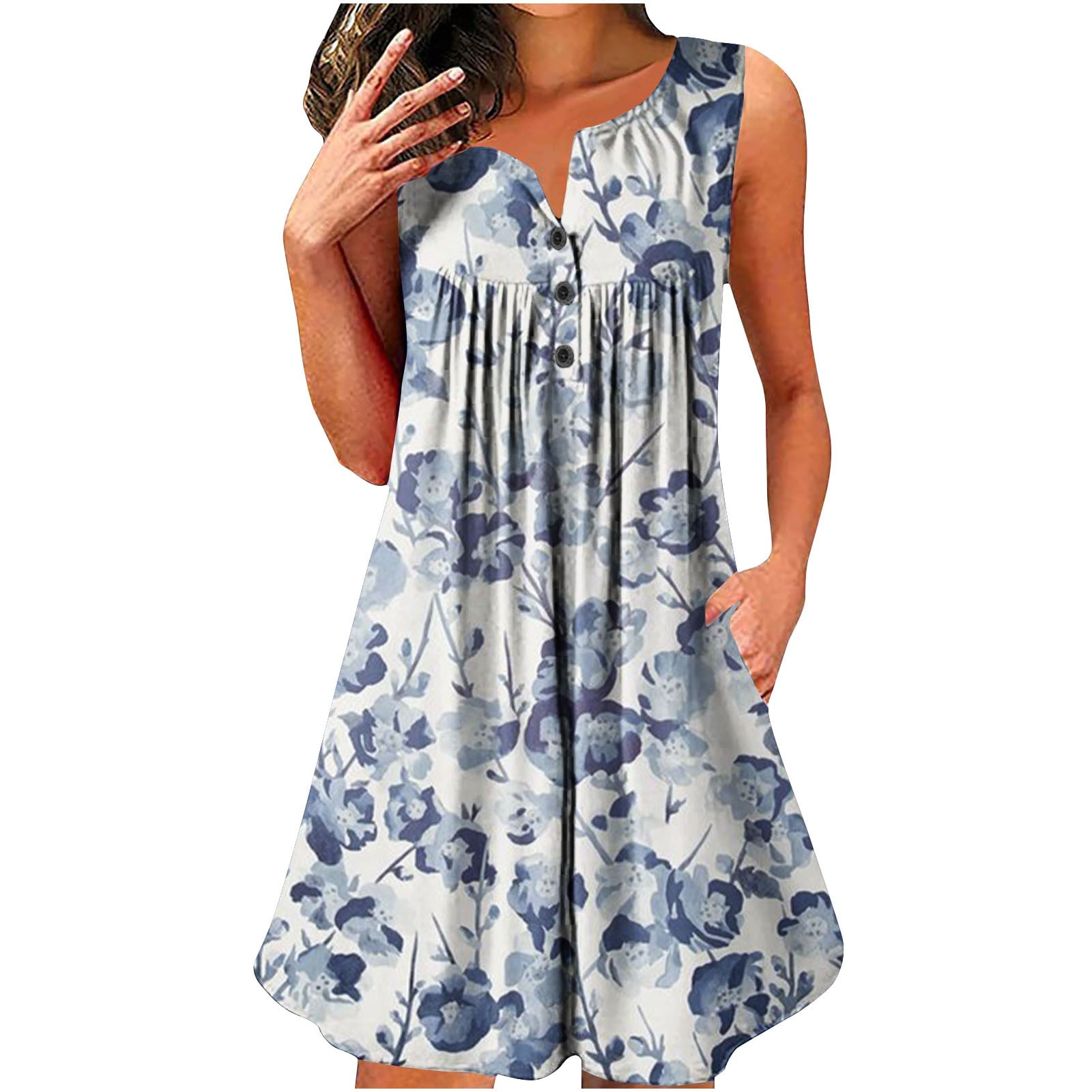 Vsssj Womens Summer Dresses Loose Comfy Round Neck Ruched Marble Printed Swing Mini Tank Dress 5912