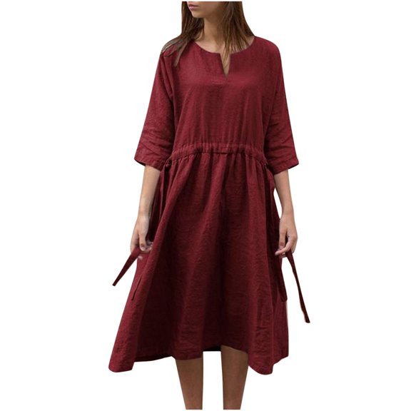 VSSSJ Women's Summer Loose Dresses Cotton Linen V-Neck 3/4 Sleeve Drawstring Dress Plus Size Solid Color Casual Lace-Up Midi Dress