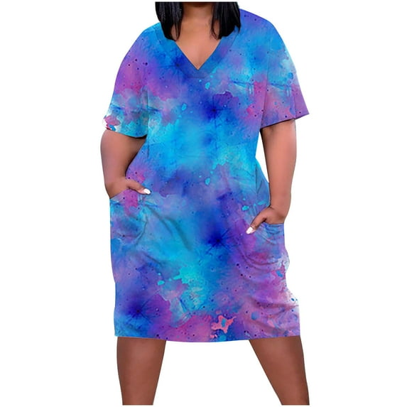 VSSSJ Women's Summer Plus Size Dresses V Neck Gradient Print Loose Fit Short Sundress Short Sleeve Knee High Casual Dress with Pockets