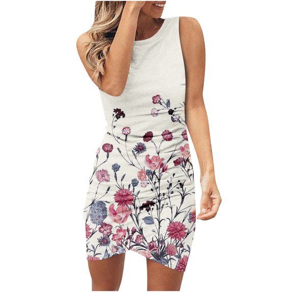 VSSSJ Women's Summer Sleeveless Ruched Bodycon Irregular Hem Mini Dresses Slim Fit Round Neck Casual Floral Printed Tank Dress