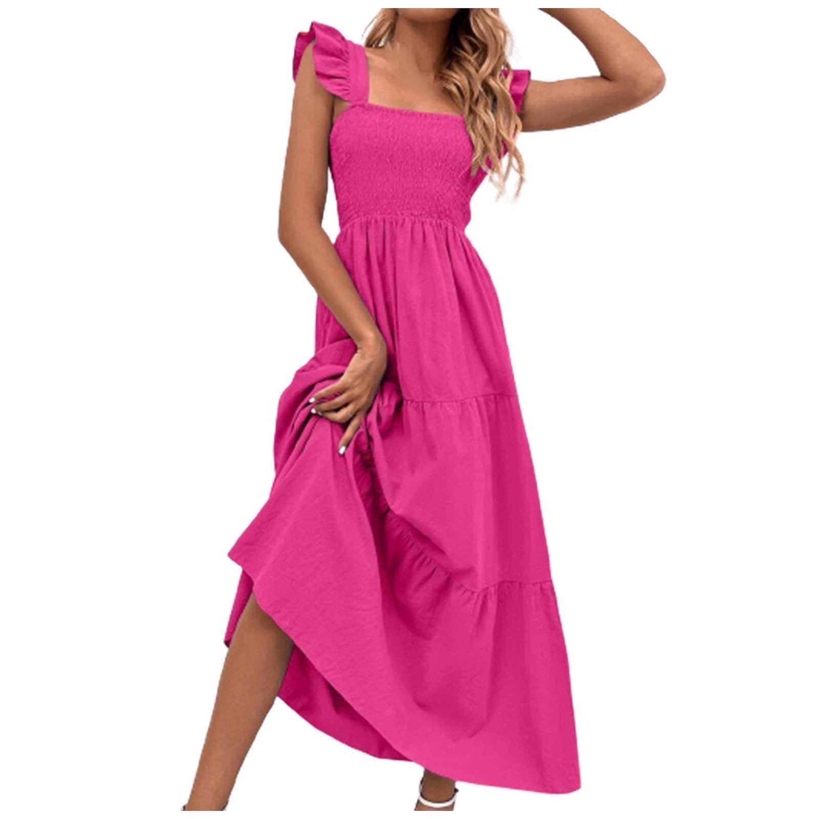 womens hot pink maxi dress Wedtrend Women Formal Party Dress Hot Pink Sheath Spaghetti Straps Long  Wedding Guest Dress with Ruffles – WEDTREND main image 1