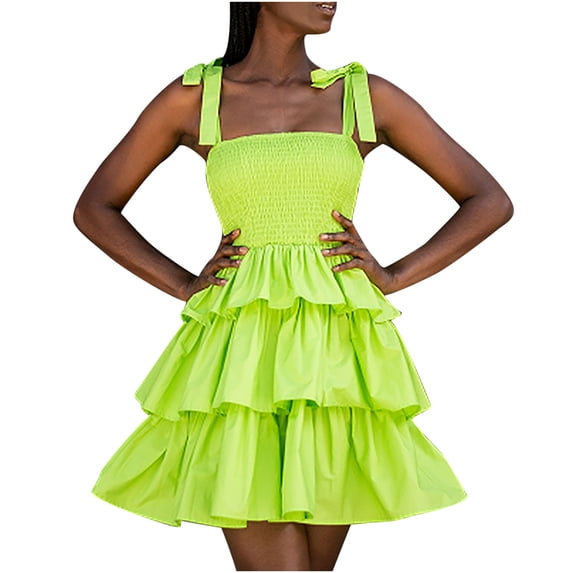 VSSSJ Women's Summer Square Neck Tie Strap Layered Mini Babydoll Dresses Sleeveless Smocked Solid Color Swing Ruffle Hem Dress Green L