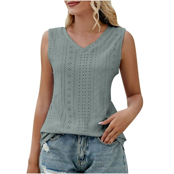 VSSSJ Women's Tank Tops Sleeveless Comfortable Loose Summer Round Neck Eyelet Pullover T-Shirts Solid Color Basic Versatile Casual Vacation Breathable Vest Army Green XXL