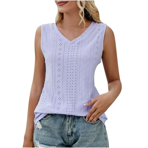 VSSSJ Women's Tank Tops Sleeveless Comfortable Loose Summer Round Neck Eyelet Pullover T-Shirts Solid Color Basic Versatile Casual Vacation Breathable Vest Purple S
