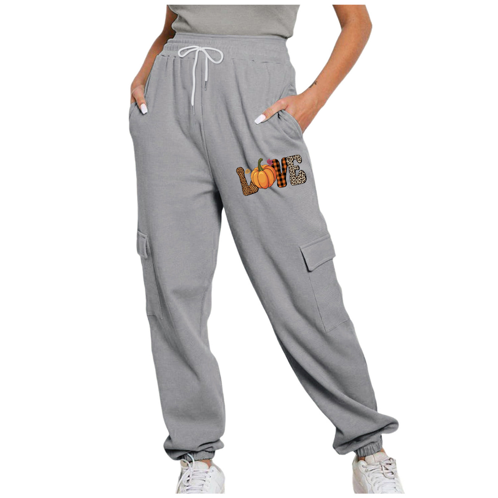 VSSSJ Women s Thanksgiving Sweatpants Relaxed Love Letter Print Drawstring Elastic Waist Pants with Pocket Casual Street Sport Trousers Gray L Walmart
