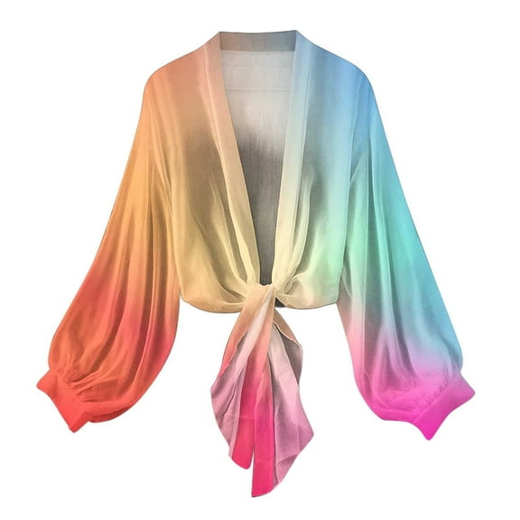 VSSSJ Women's Tie Front Chiffon Cardigan Shrug Long Sleeve Knotted Lightweight Crop Cardigan Top Blouses Beach Cover Up Cardigans Multicolor01 XXL
