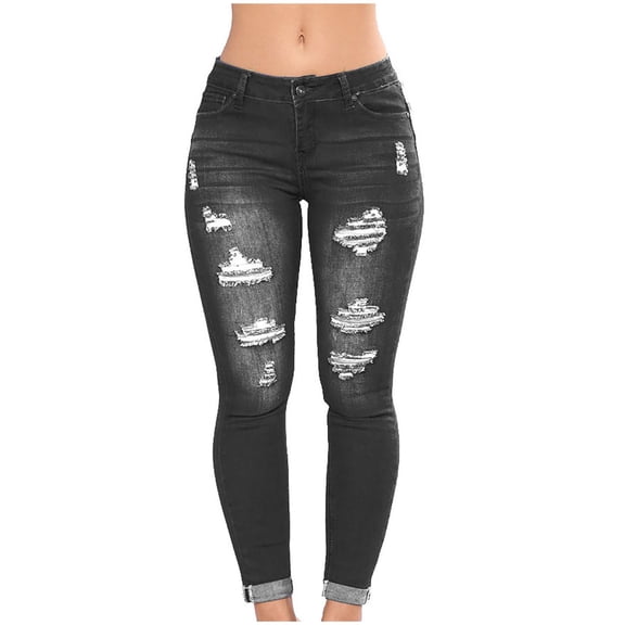 VSSSJ Women's Tight Denim Pants Regular Fit Ripped Button Zipper Elastic Waist Long Pants Leisure Stylish Stretchy Wear-Resistant Washed Jean Black L
