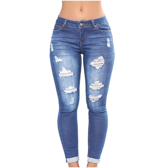VSSSJ Women's Tight Denim Pants Regular Fit Ripped Button Zipper Elastic Waist Long Pants Leisure Stylish Stretchy Wear-Resistant Washed Jean Navy L