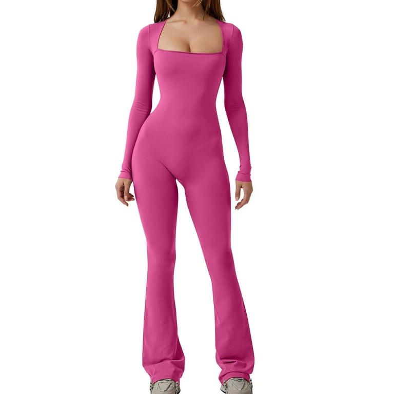 VSSSJ Women s Tight Jumpsuits Slim Fit Solid Color Square Neck Long Sleeve Slightly Flared Playsuits Casual Comfort Stretch Fitness Jumpsuit Hot Pink