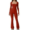 thumbnail image 1 of VSSSJ Women's Tight Jumpsuits Slim Fit Solid Color Square Neck Long Sleeve Slightly Flared Playsuits Casual Comfort Stretch Fitness Jumpsuit Red M, 1 of 9