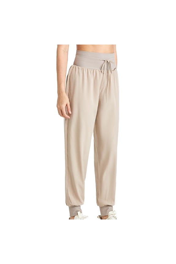 Women's Trendy Harlen Pants Oversized Fit Solid Color Drawstring High Waist Pants Comfortable Autumn Versatile Baggy Long Pants Beige S