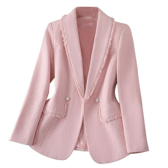 VSSSJ Women's Tweed Blazer Notch Lapel Long Sleeve Button Jacket Classic Elegant Office Work Suit Coat Business Casual Outwear Pink M