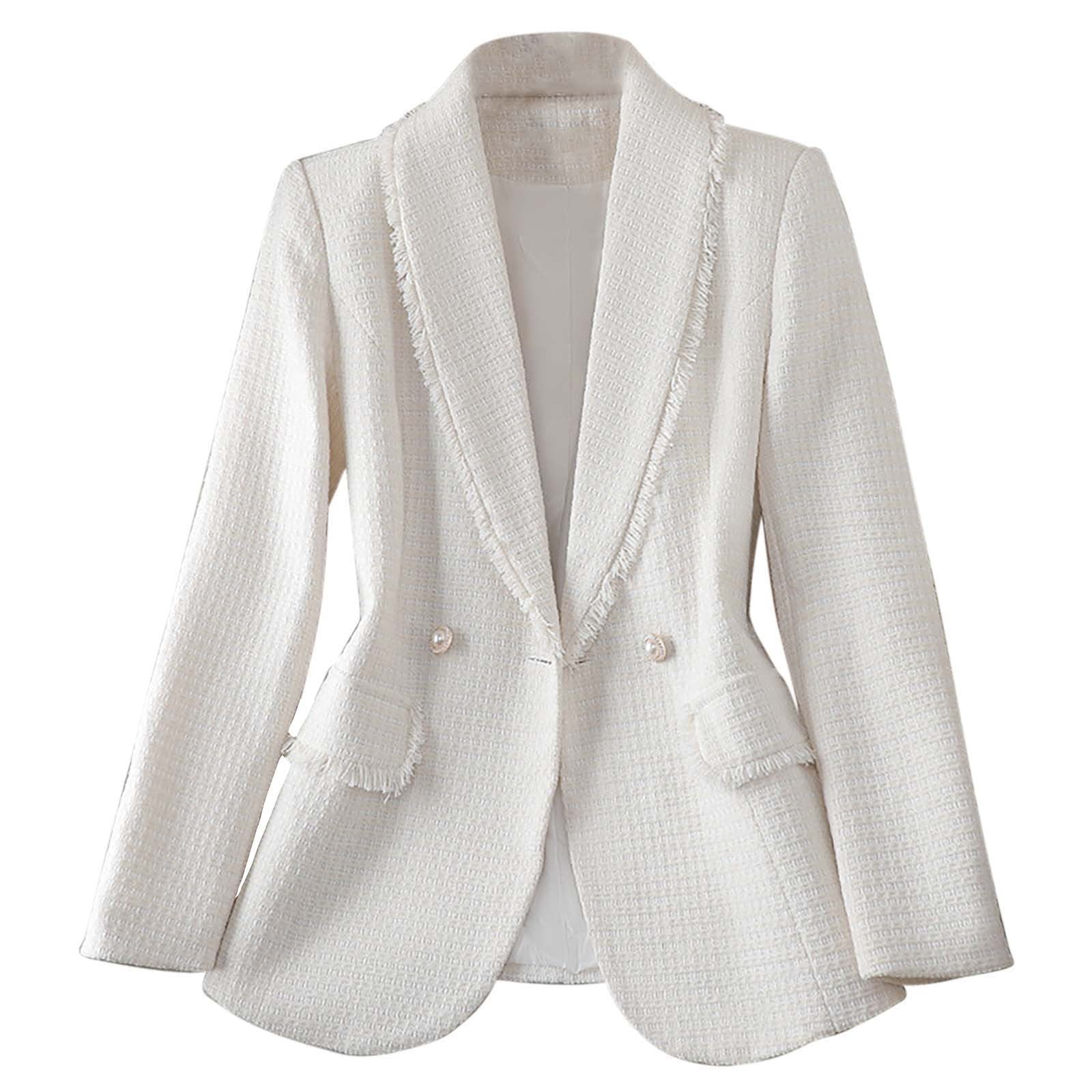 Women's Tweed Blazer Notch Lapel Long Sleeve Button Jacket Classic Elegant Office Work Suit Coat Business Casual Outwear White XXXL