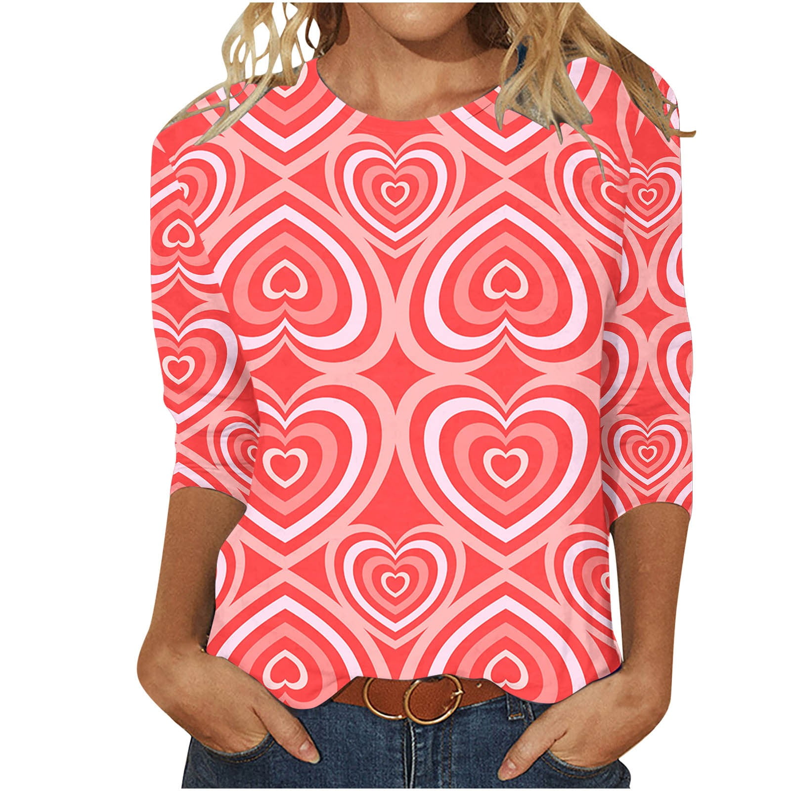 VSSSJ Women's Valentine's Day Shirts Regular Fit Love Heart Print Round
