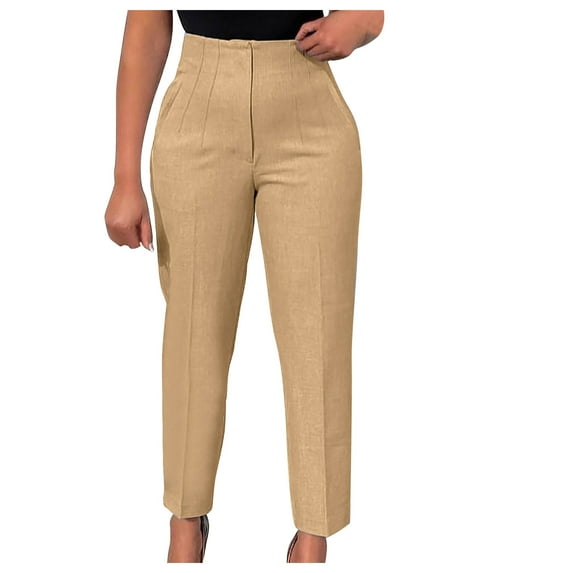 VSSSJ Women's Versatile Suit Pants Regular Fit Solid Color High Waist Straight Dress Pants Fashion Everyday Commuting Work Pants with Pocket Khaki M