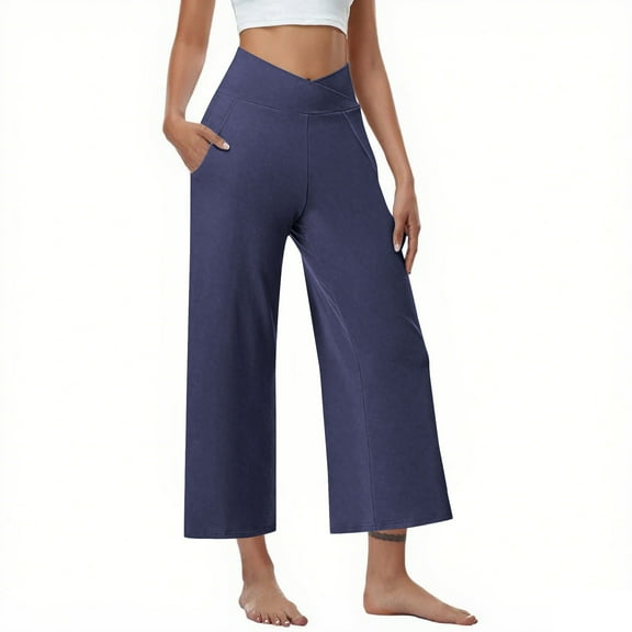 VSSSJ Women's Wide Leg Yoga Capri Pants Cross Waist High Rise Casual Loose Fit Workout Pants With Pockets Stretchy Athletic Cropped Pants Navy S