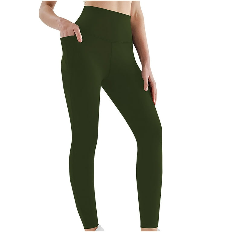 VSSSJ Women s Yoga Pants with Pockets Tummy Control Solid Color Ultra Soft High Waisted Tights Stretchy Comfortable Breathable No See Through Leggings Army Green XXL Walmart