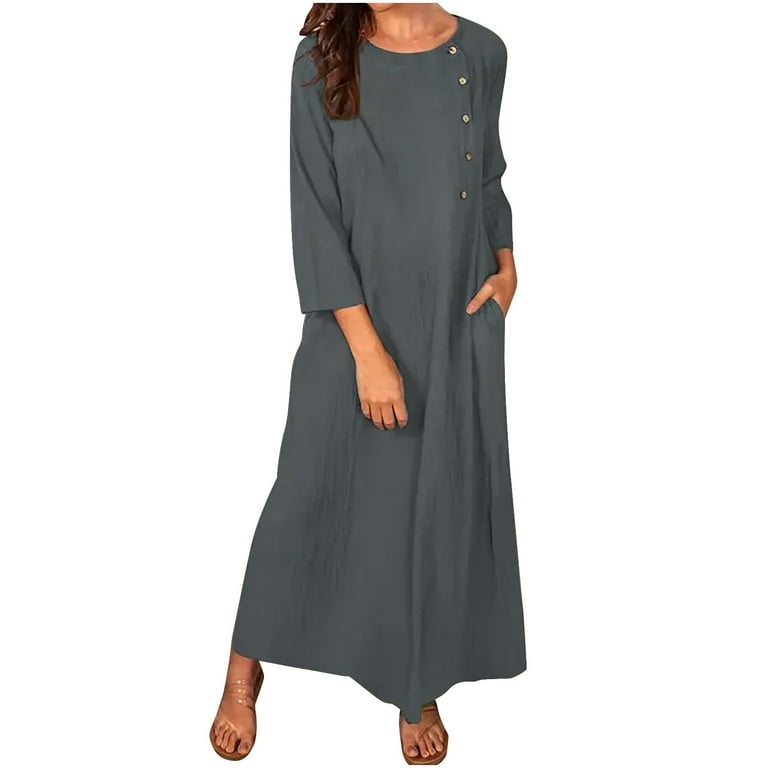 Cotton and Linen 3/4 sleeve Solid Color Maxi Round neck Maxi Dresses Cotton and Linen 3/4 sleeve Solid Color Maxi Round neck Maxi Dresses