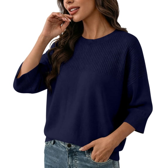 VSSSJ Womens 3/4 Sleeve Sweater Tops Summer Lightweight Crew Neck Knit Casual Loose Batwing Sleeve Oversized Cropped Tops Pullover Navy XXL