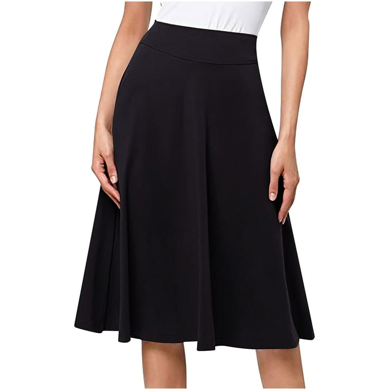 VSSSJ Womens A Line Skirts Stretchy High Waist Solid Color Elegant Flared Skirts Temperament Versatile Office Work Below Knee Skirts Black XXL