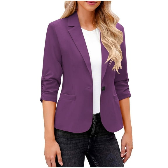 VSSSJ Womens Blazer Jacket Ruched 3/4 Sleeve Button Slim Fit Solid Color Casual Office Blazers Lightweight Suit Coat for Work Purple XXL