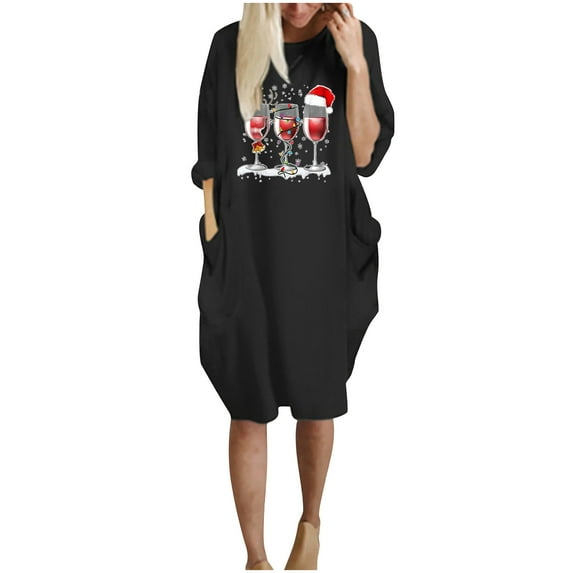 VSSSJ Womens Casual Dresses Long Sleeve Crew Neck Loose Fit Knee Length Christmas Print Cozy Pullover Sweatshirt Dress with Pockets Black-02 XL