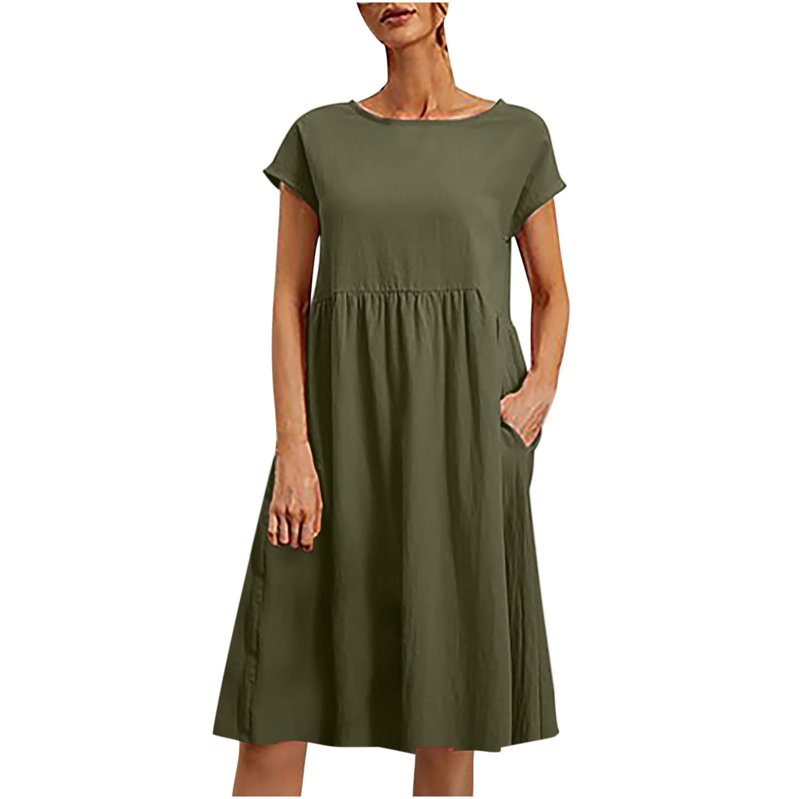 VSSSJ Womens Casual Dresses Loose Round Neck Solid Color Cotton Linen Dress  Summer Short Sleeve High Waist Midi Dress with Pockets 